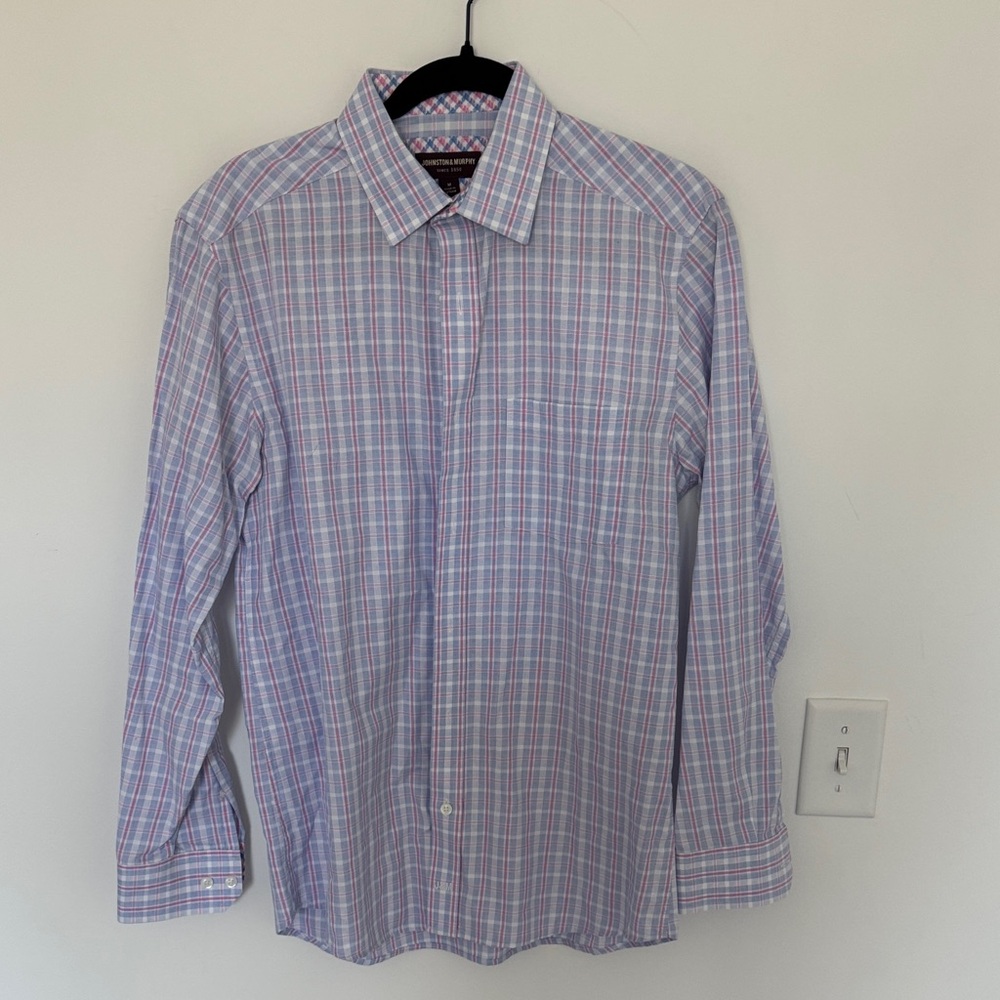 Johnston & Murphy Men's Checkered Shirt, Light Blue and Pink - Size M
